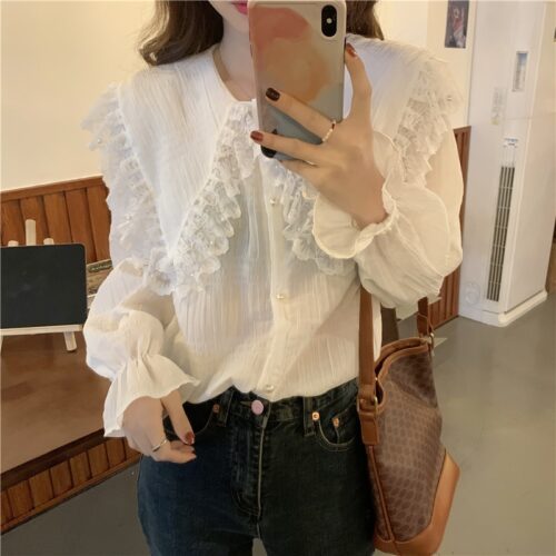 Butterfly Lace Collar Long Sleeves Loose Solid Blouse
