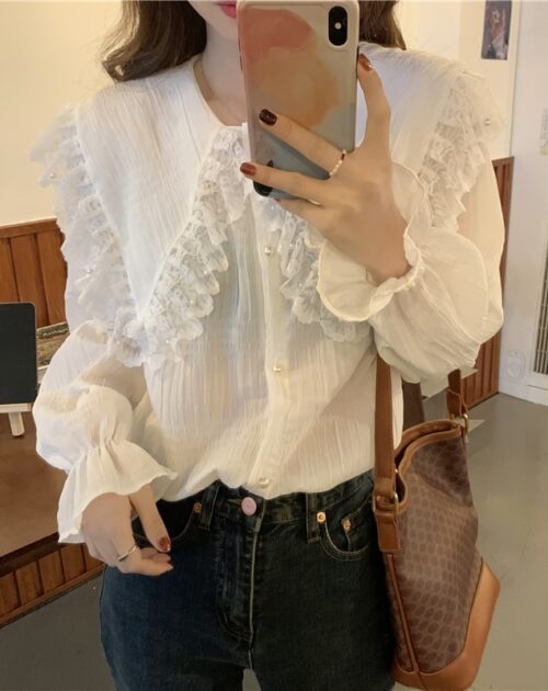 Butterfly Lace Collar Long Sleeves Loose Solid Blouse