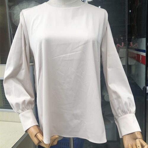 Spring / Autumn O-Neck Long Puff Sleeves Two-Button Cuffs Loose Solid Blouse - Image 3