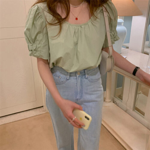 Summer O-Neck Short Puff Sleeves Cotton Loose Solid Blouse - Image 2