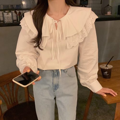 Lace-Up Hollow Out Collar Long Sleeves Loose Solid Blouse