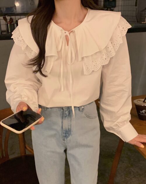 Lace-Up Hollow Out Collar Long Sleeves Loose Solid Blouse