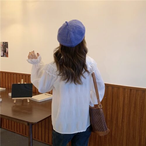 Spring / Autumn Butterfly Lace Collar Long Sleeves Loose Solid Blouse - Image 6