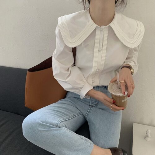 Spring / Autumn Frilled Big Lapel Collar Long Sleeves Solid Blouse - Image 3