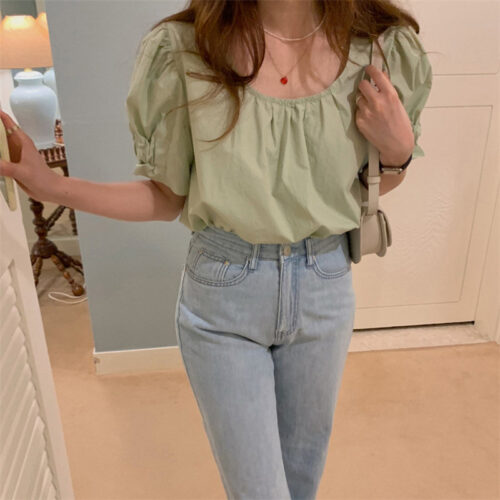 Summer O-Neck Short Puff Sleeves Cotton Loose Solid Blouse - Image 3