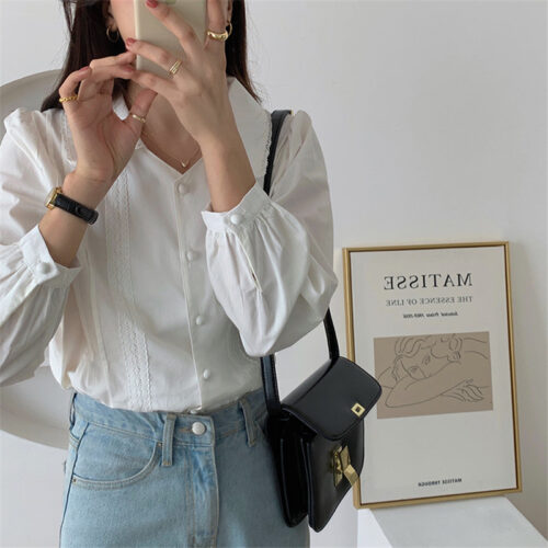 Spring / Autumn Korean Turn-Down Collar Long Sleeves Buttons Lace Blouse - Image 2