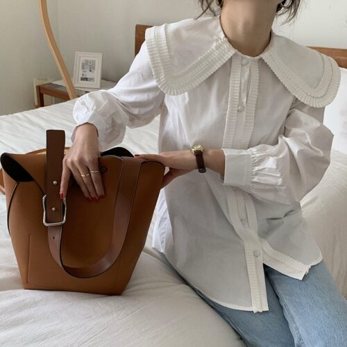 Spring / Autumn Frilled Big Lapel Collar Long Sleeves Solid Blouse - Image 5