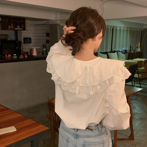 Spring / Autumn Korean Lace-Up Hollow Out Collar Long Sleeves Loose Solid Blouse - Image 3