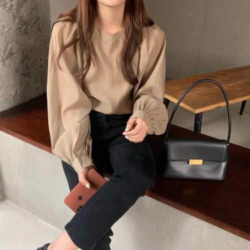 Spring / Autumn O-Neck Long Puff Sleeves One-Button Cuffs Loose Solid Blouse - Image 5