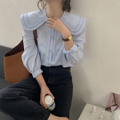 Spring / Autumn Frilled Big Lapel Collar Long Sleeves Solid Blouse - Image 4