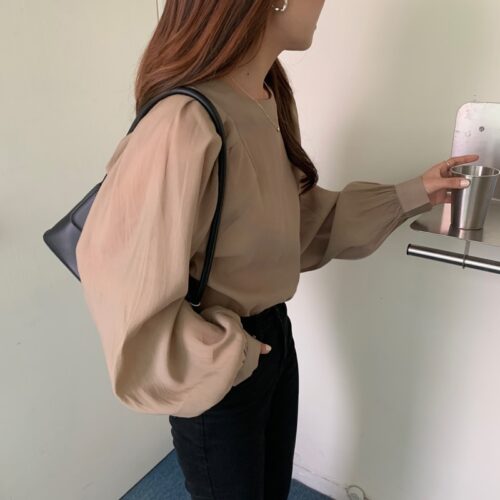 Spring / Autumn O-Neck Long Puff Sleeves One-Button Cuffs Loose Solid Blouse - Image 6