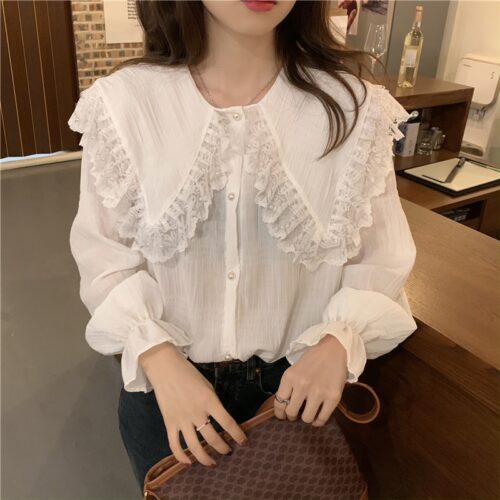 Spring / Autumn Butterfly Lace Collar Long Sleeves Loose Solid Blouse - Image 3