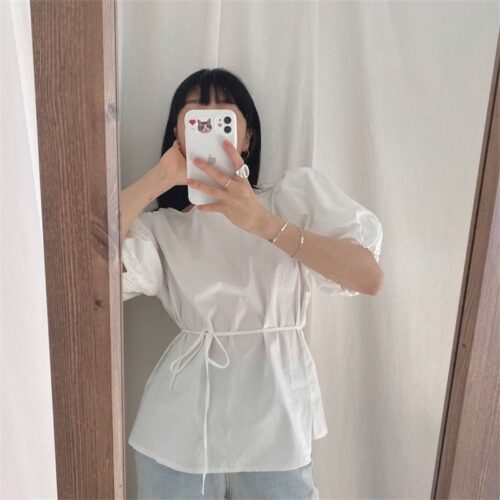 Summer O-Neck Short Puff Sleeves Cotton Lace-Up Solid Blouse - Image 3