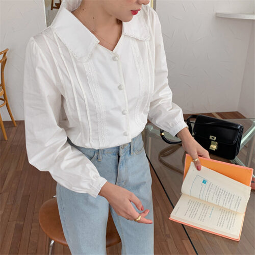 Spring / Autumn Korean Turn-Down Collar Long Sleeves Buttons Lace Blouse - Image 5