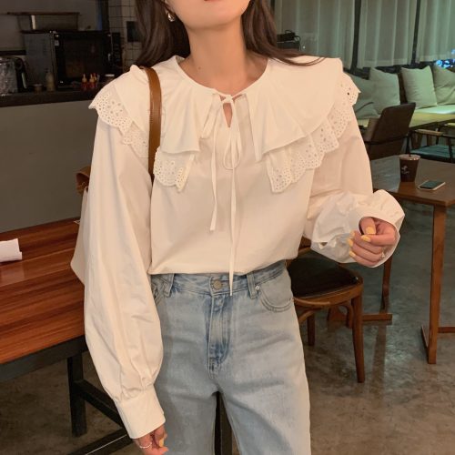 Spring / Autumn Korean Lace-Up Hollow Out Collar Long Sleeves Loose Solid Blouse - Image 2