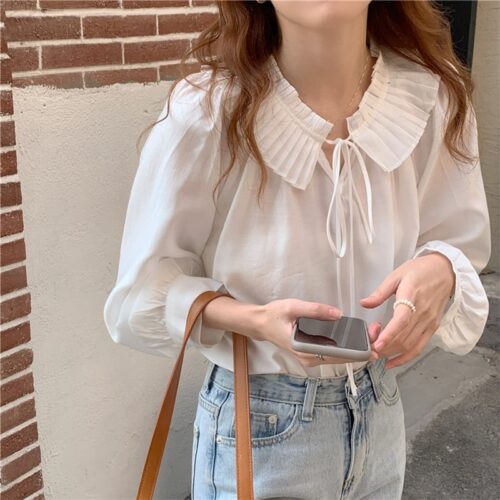 Spring / Autumn Lace-Up Collar Long Sleeves Loose Solid Blouse - Image 4
