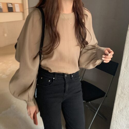 Spring / Autumn O-Neck Long Puff Sleeves One-Button Cuffs Loose Solid Blouse - Image 4