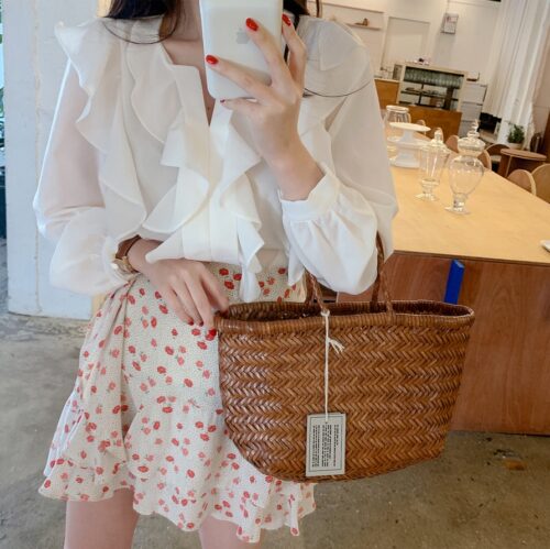 Spring / Autumn V-Neck Long Sleeves Ruffles Loose Blouse - Image 2