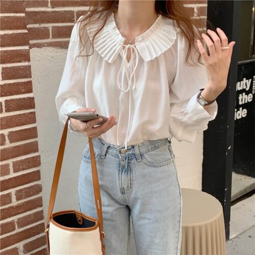 Spring / Autumn Lace-Up Collar Long Sleeves Loose Solid Blouse - Image 5