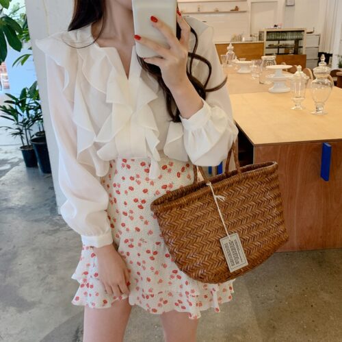 V-Neck Long Sleeves Ruffles Loose Blouse