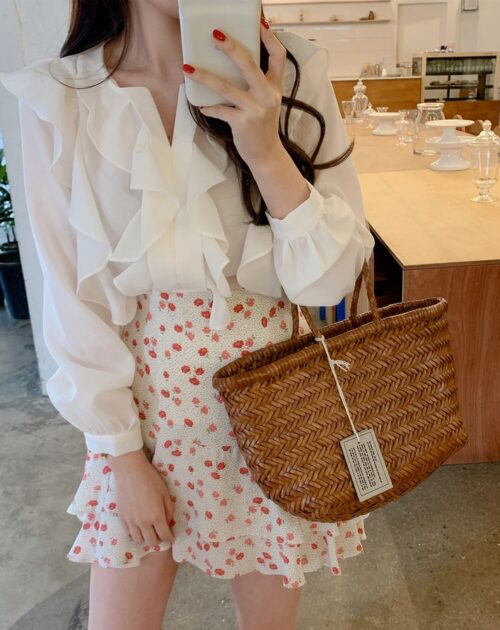 V-Neck Long Sleeves Ruffles Loose Blouse