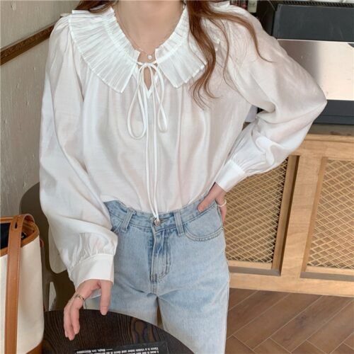 Spring / Autumn Lace-Up Collar Long Sleeves Loose Solid Blouse - Image 3