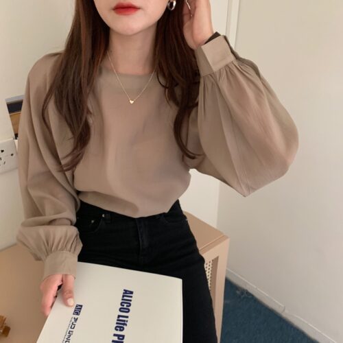 Spring / Autumn O-Neck Long Puff Sleeves One-Button Cuffs Loose Solid Blouse - Image 2