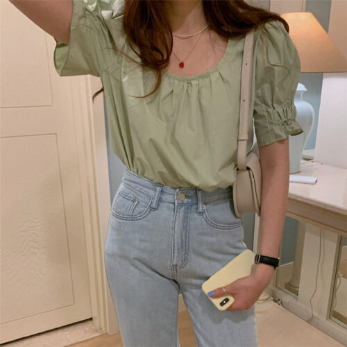 Summer O-Neck Short Puff Sleeves Cotton Loose Solid Blouse - Image 4