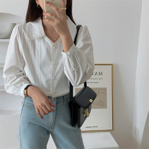 Korean Turn-Down Collar Long Sleeves Buttons Lace Blouse