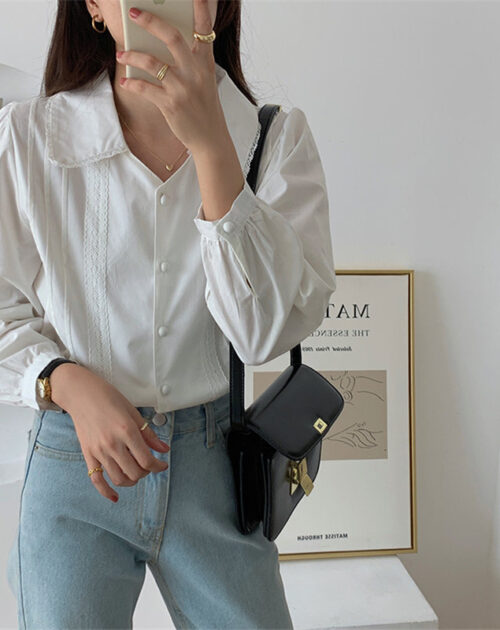 Korean Turn-Down Collar Long Sleeves Buttons Lace Blouse