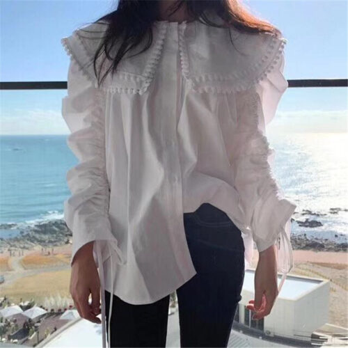 Spring / Autumn Pilgrim Collar Long Sleeves Thicken Drawstrings Loose Blouse - Image 3