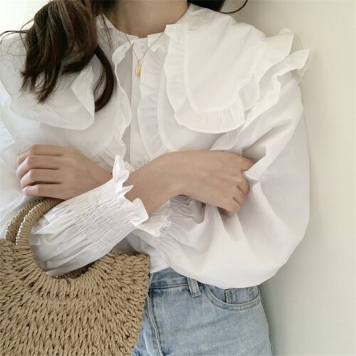 Spring / Autumn Double-Layer Ruffles Collar Long Petal Sleeves Loose Blouse - Image 3