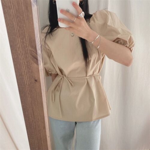 O-Neck Short Puff Sleeves Cotton Lace-Up Solid Blouse