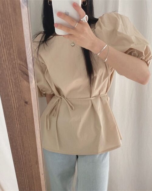 O-Neck Short Puff Sleeves Cotton Lace-Up Solid Blouse