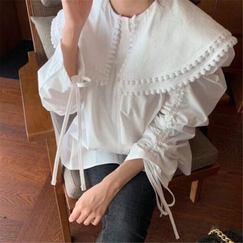Spring / Autumn Pilgrim Collar Long Sleeves Thicken Drawstrings Loose Blouse - Image 6