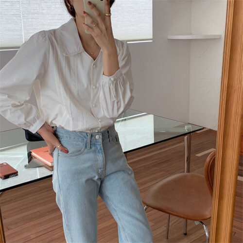 Spring / Autumn Korean Turn-Down Collar Long Sleeves Buttons Lace Blouse - Image 4