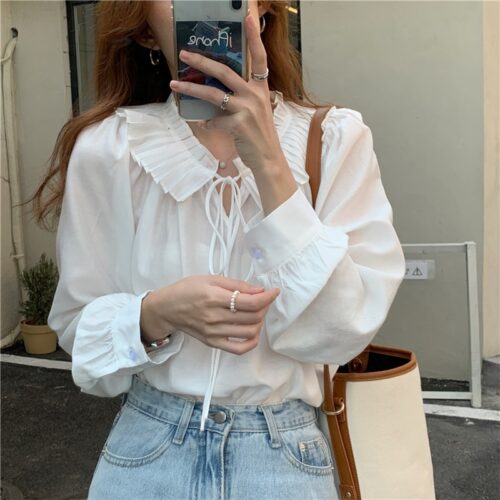 Autumn Lace-Up Collar Long Sleeves Loose Solid Blouse