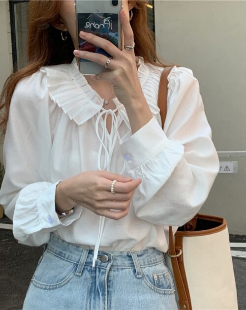 Autumn Lace-Up Collar Long Sleeves Loose Solid Blouse