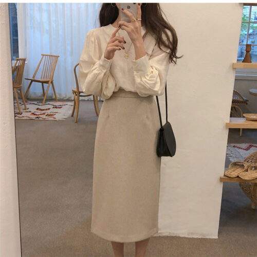 Spring / Autumn O-Neck Long Puff Sleeves Two-Button Cuffs Loose Solid Blouse - Image 6