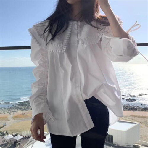 Spring / Autumn Pilgrim Collar Long Sleeves Thicken Drawstrings Loose Blouse - Image 7