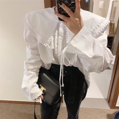 Pilgrim Collar Long Sleeves Thicken Drawstrings Loose Blouse