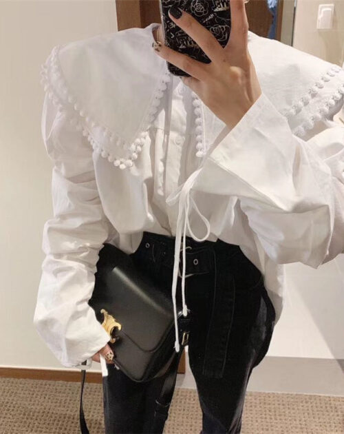 Pilgrim Collar Long Sleeves Thicken Drawstrings Loose Blouse