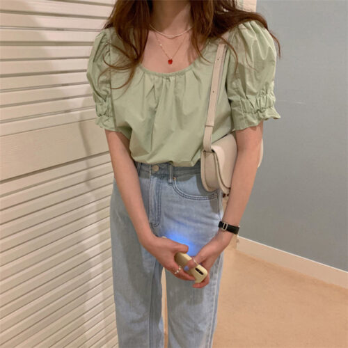 Summer O-Neck Short Puff Sleeves Cotton Loose Solid Blouse - Image 6