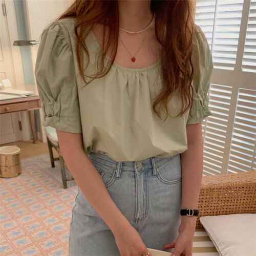 Summer O-Neck Short Puff Sleeves Cotton Loose Solid Blouse