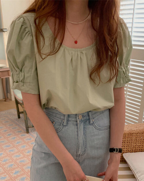 Summer O-Neck Short Puff Sleeves Cotton Loose Solid Blouse