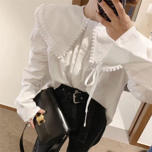 Spring / Autumn Pilgrim Collar Long Sleeves Thicken Drawstrings Loose Blouse - Image 4