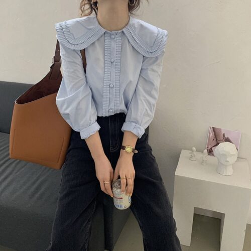 Spring / Autumn Frilled Big Lapel Collar Long Sleeves Solid Blouse - Image 2