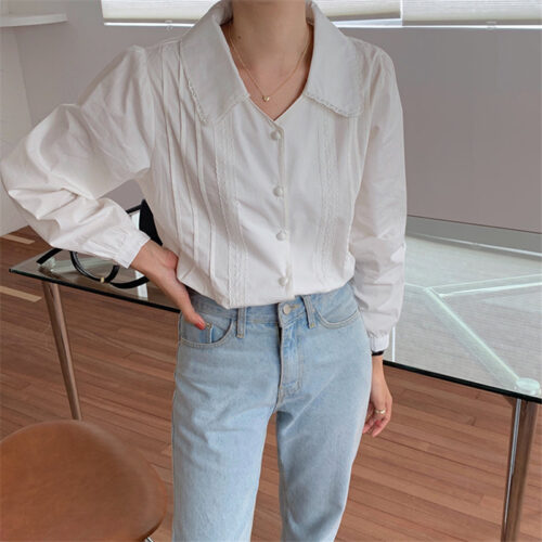 Spring / Autumn Korean Turn-Down Collar Long Sleeves Buttons Lace Blouse - Image 3