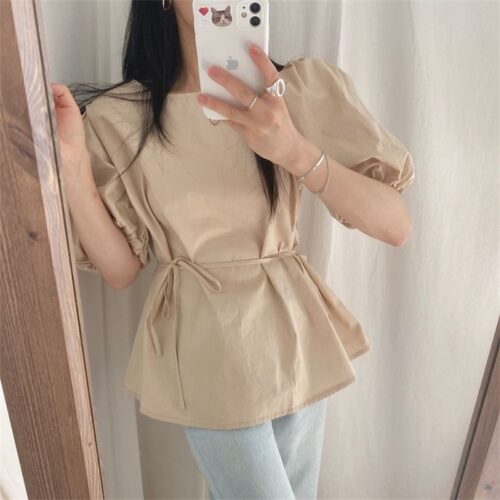 Summer O-Neck Short Puff Sleeves Cotton Lace-Up Solid Blouse - Image 2