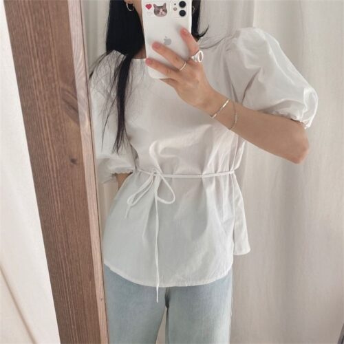 Summer O-Neck Short Puff Sleeves Cotton Lace-Up Solid Blouse - Image 4